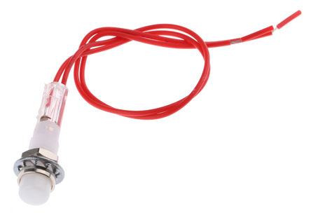 Indicator, 6.4mm Panel Mount, Prominent, Orange neon, Lead Wires Termination, 7.5 mm Lamp Size, 240 V